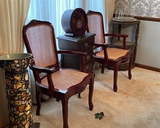Cane Arm Chairs, Small Side Table Stand & Vintage Style Radio