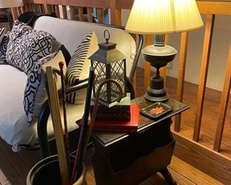 Wood Side Table, Lamp & Crock 