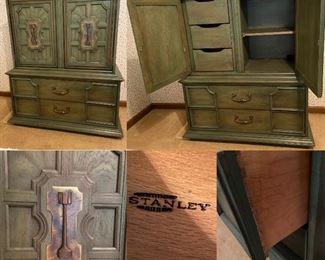 Stanley Mid Century Green Stain Washed Gentleman’s Chest/Tallboy Armoire : Hollywood Regency, Chinoiserie
