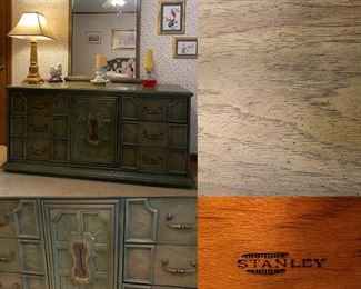 Stanley Mid Century Green Stain Washed Dresser with matching Mirror - Hollywood Regency, Chinoiserie Style 
