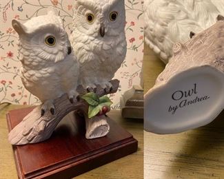 Ceramic Owls on a limb with wooden Stand Owl by Andrea

