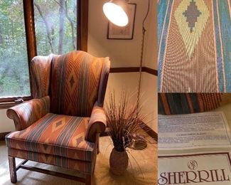 Sherrill Brand Southwestern Fabric Upholstered Wingback Arm Chair Chippendale Style