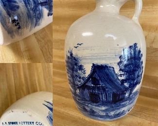P.R.Storie Pottery Co Marshall. Tex  Blue Countryside Jug Approximately 8”