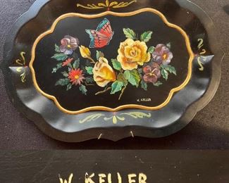 Signed W. Keller Hand Painted Black Tole Tray