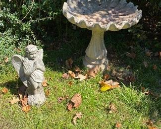 Concrete Angel, and concrete birdbath, garden statues