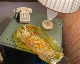 Vintage phone, art glass MCM serving tray
