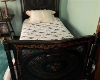ANTIQUE FRENCH TWIN BED WITH DOUBLE LAYER WOVEN WICKER HEADBOARD AND FOOTBOARD