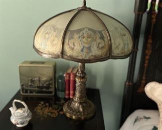 CENTER TABLE WITH ANTIQUE REVERSE PAINTED RIBBED GLASS SHADE