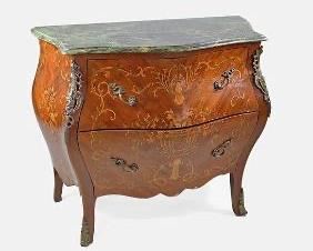 20th Century French Louis XV Style Marble Bombe Chest with Marquetry Inlay and Ormolu Mounts