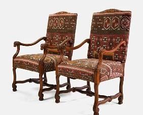 Pair Modern Renaissance Fauteuil Arm Chairs Kilim Textile Upholstery