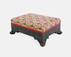 Antique Handcarved Needlework Flamestitch Ottoman