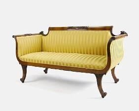 Antique Empire Inlaid Silk Upholstered Sofa Settee Duncan Phyfe Style