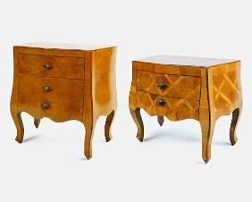 Two Small 1950s Bombe Commodes Made in Italy - 1 Marquetry & 1 Burl Wood