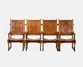 Set of Four Angel Pazmino MCM Tooled Leather and Wood Dining Chairs