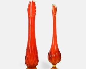 Two Tall Blenko Style Orange Viking Art Glass Vases