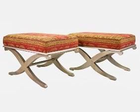 Pair 20th Century Upholstered Hickory White Gilt Silver Ruhlmann Style Stools