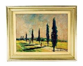 20th Century Signed Italian Oil on Board Landscape w/ Cypress Trees