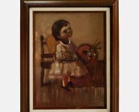 Folk Art Oil on Canvas Portrait Painting of Artistic Young Child