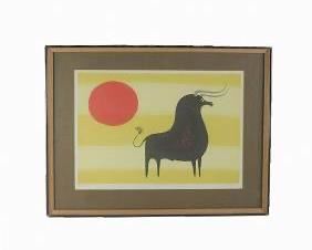 Mid-Century Bull on Yellow Lithograph by Keith Llewellyn De Carlo 25 x 19