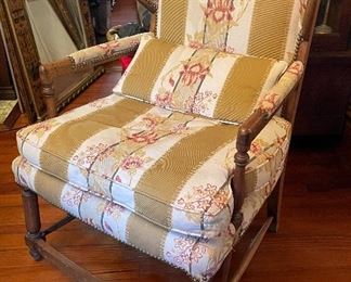 $195 
French walnut wing back Provencal chair (down cushion) 27W arm  to arm&nbsp;