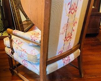 $195 
French walnut wing back Provencal chair (down cushion) 27W arm  to arm&nbsp;