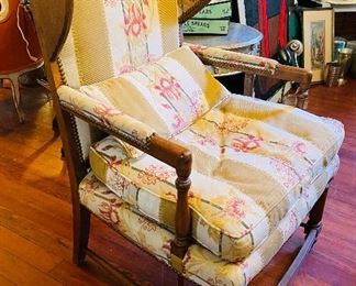 $195 
French walnut wing back Provencal chair (down cushion) 27W arm  to arm&nbsp;