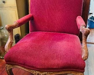 $175 
Red burgundy French armchair with naural wood 28W arm to arm

