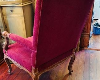 $175 
Red burgundy French armchair with naural wood 28W arm to arm
