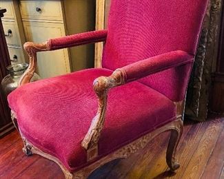 $175 
Red burgundy French armchair with naural wood 28W arm to arm
