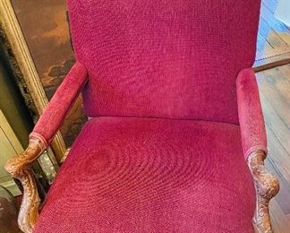 $175 
Red burgundy French armchair with naural wood 28W arm to arm
