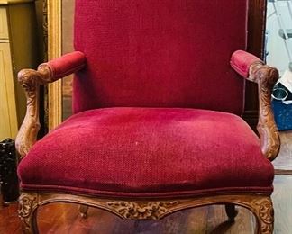 $175 
Red burgundy French armchair with naural wood 28W arm to arm
