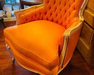 $125 
70's tuffed orange small armchair - some stains -&nbsp;