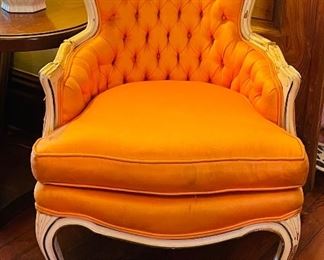 $125 
70's tuffed orange small armchair - some stains -&nbsp;