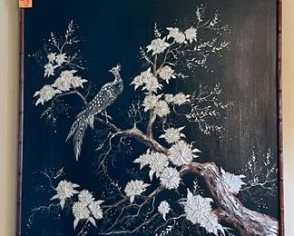 $150 
Mid century black canvas with partridge bird signed&nbsp;