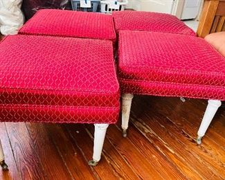 $200 
Set of 4 benches tapered cream legs on casters red fabric
