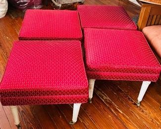 $200 
Set of 4 benches tapered cream legs on casters red fabric
