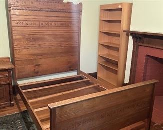 Eastlake oak chip-carved full-size bedstead 