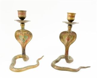 Vintage Brass and enamel Cobra Snake Candlesticks