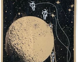 Abstract Astronauts Landing on Moon Print J Frank and BB Evan Screenprint on Brown Paper. Numbered 10/65. Signed on Back Mid Century Modern MCM