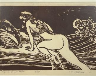 WM Pellicore Pencil Signed Relief Print Titled Woman Going to Bed