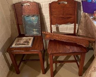 Two oak chairs, antique oak shelf