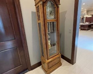ETHAN ALLEN Oak Grandfather Clock - Oak Case with Burl Veneer Accents, Arched Pediment, Fluted Half Columns with Brass Ends