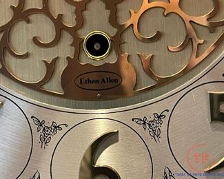 ETHAN ALLEN Oak Grandfather Clock - Oak Case with Burl Veneer Accents, Arched Pediment, Fluted Half Columns with Brass Ends