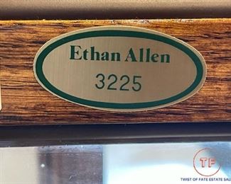 ETHAN ALLEN Oak Grandfather Clock - Oak Case with Burl Veneer Accents, Arched Pediment, Fluted Half Columns with Brass Ends