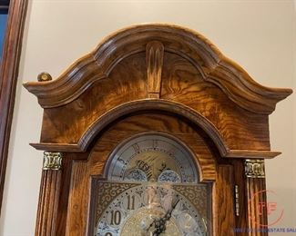 ETHAN ALLEN Oak Grandfather Clock - Oak Case with Burl Veneer Accents, Arched Pediment, Fluted Half Columns with Brass Ends