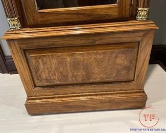 ETHAN ALLEN Oak Grandfather Clock - Oak Case with Burl Veneer Accents, Arched Pediment, Fluted Half Columns with Brass Ends