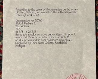 Signed Limited Edition Serigraph "The Violinist" by BARBARA WOOD