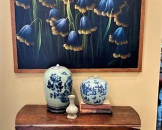 Antique Queen Anne drop leaf table; blue & white porcelain Asian jars; unique art