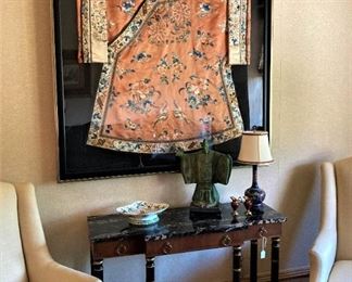 Frame kimono; marble top table 