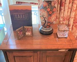 One of two side tables; Asian lamp